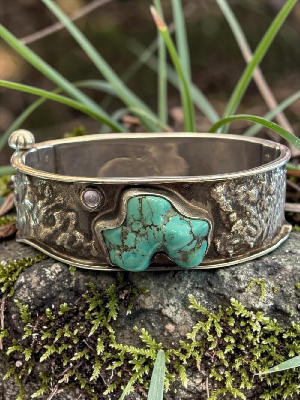 Mexican Taxco Sterling Silver Turquoise & Amethyst Bangle